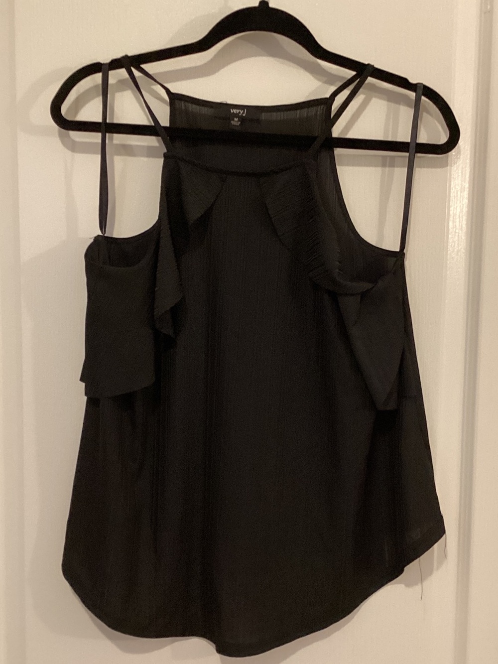 Very J Black Ruffle Cold-Shoulder Camisole